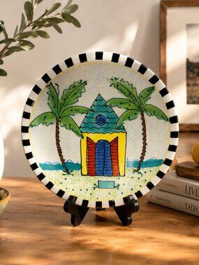 Vintage Caroline Forbis Enesco 2003 Beach Palm Tree Serving Platter 10" Coastal
